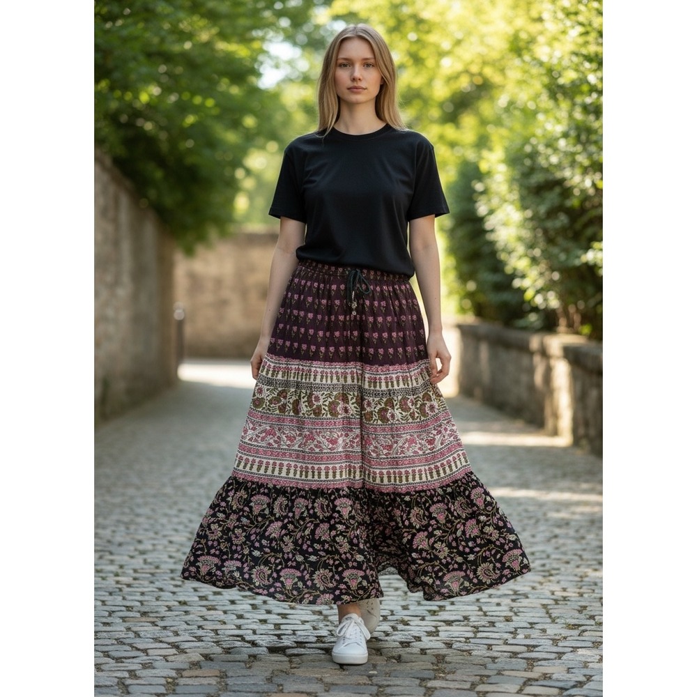 Vintage Y2K SOSTANZA Tiered Maxi Skirt M Dark Floral Boho Peasant Hippie Indie